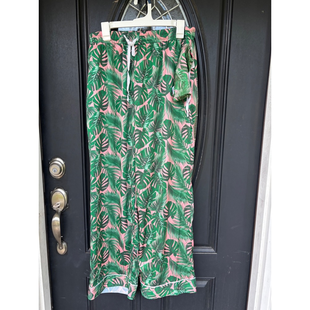 Hello Mello Beauty Sleep Satin Pajama Pants Tropical Palm Pink Green L/XL NEW